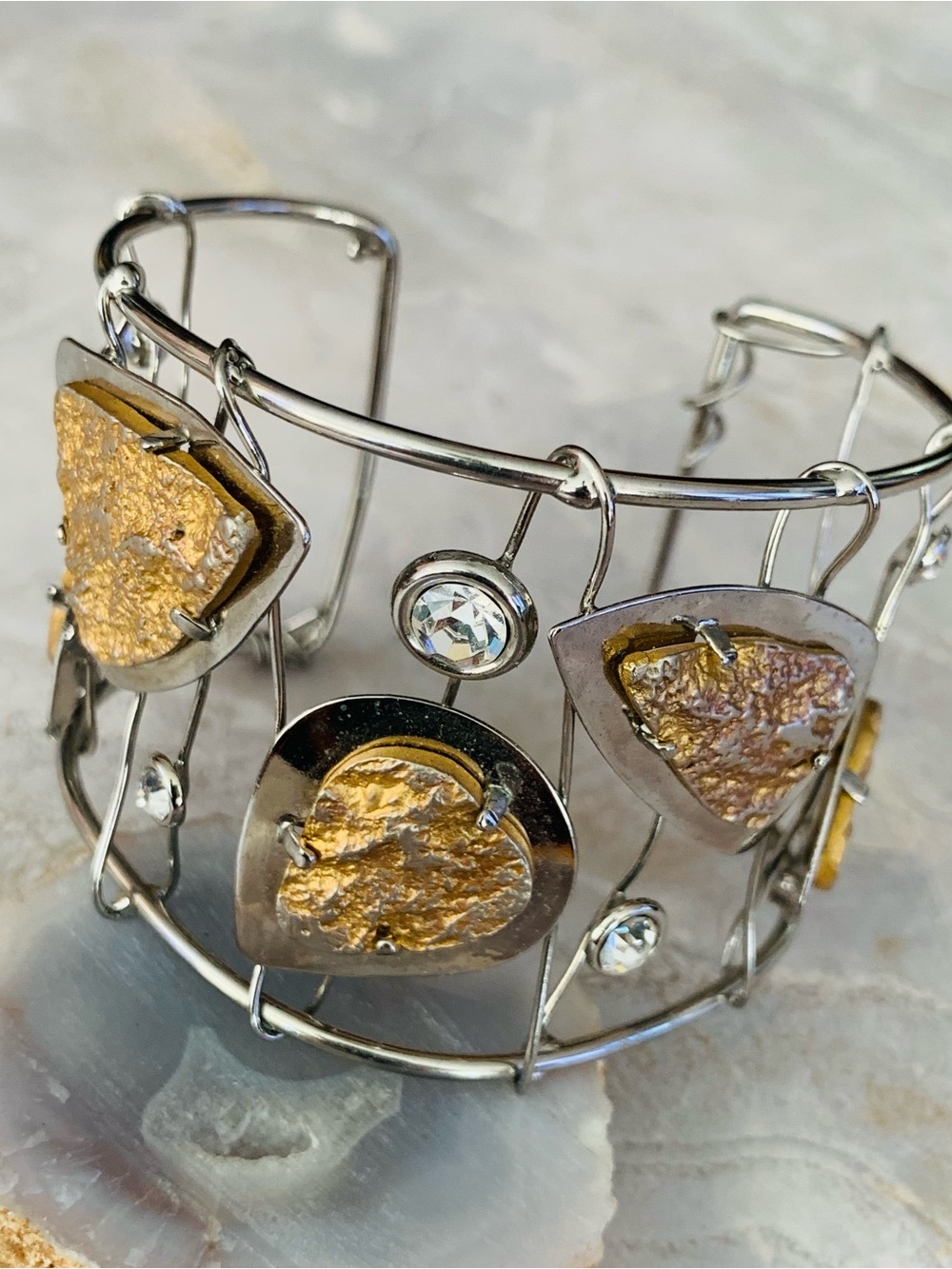 Modernist Silver Wire Cuff Bracelet with Gold Druzy and Crystal Accents